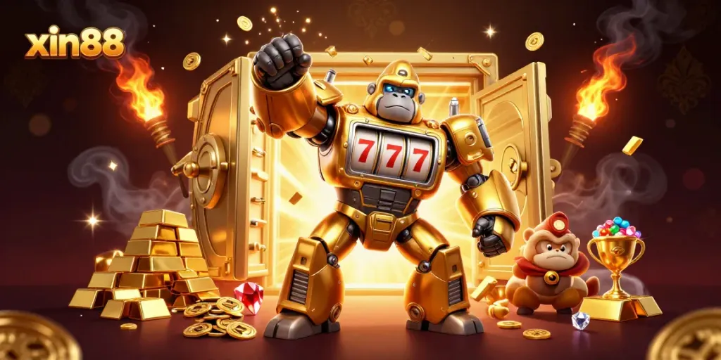 Experience the thrill of xin88 with a dynamic 3D golden gorilla mech surrounded by treasure and cinematic lighting.