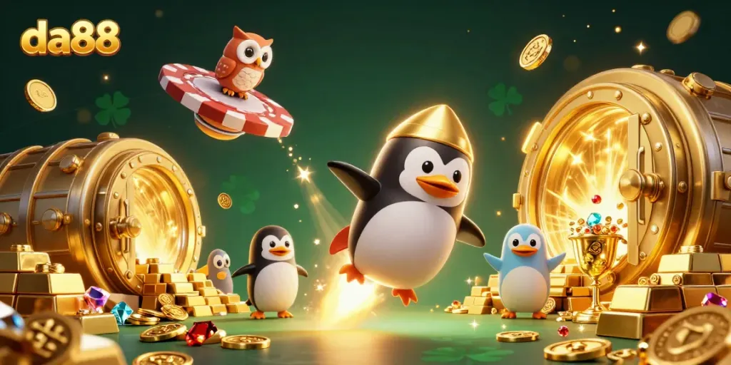 Experience the excitement of da88 as a golden penguin journeys through a vibrant casino-themed universe.