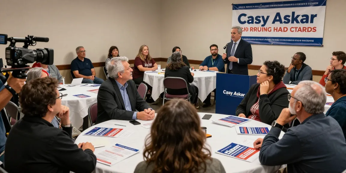 Casey Askar engaging with local voters at a town hall meeting, discussing campaign concerns.