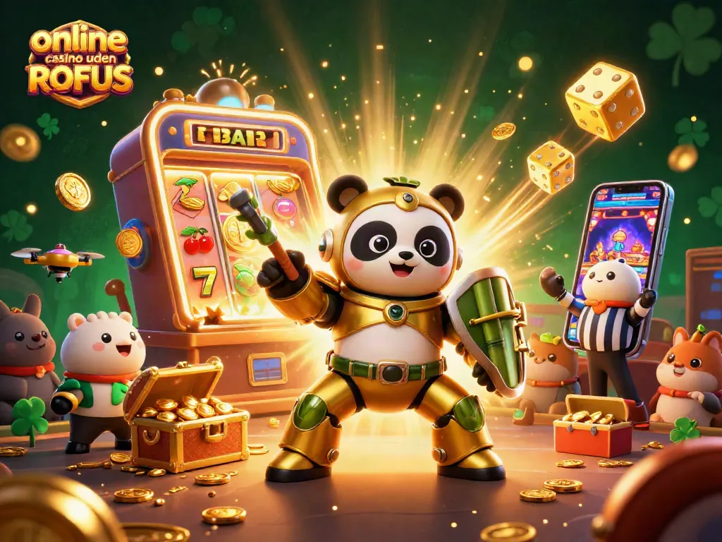 Experience the excitement of an online casino uden ROFUS with a vibrant scene featuring a mech-suit panda and jackpot elements.