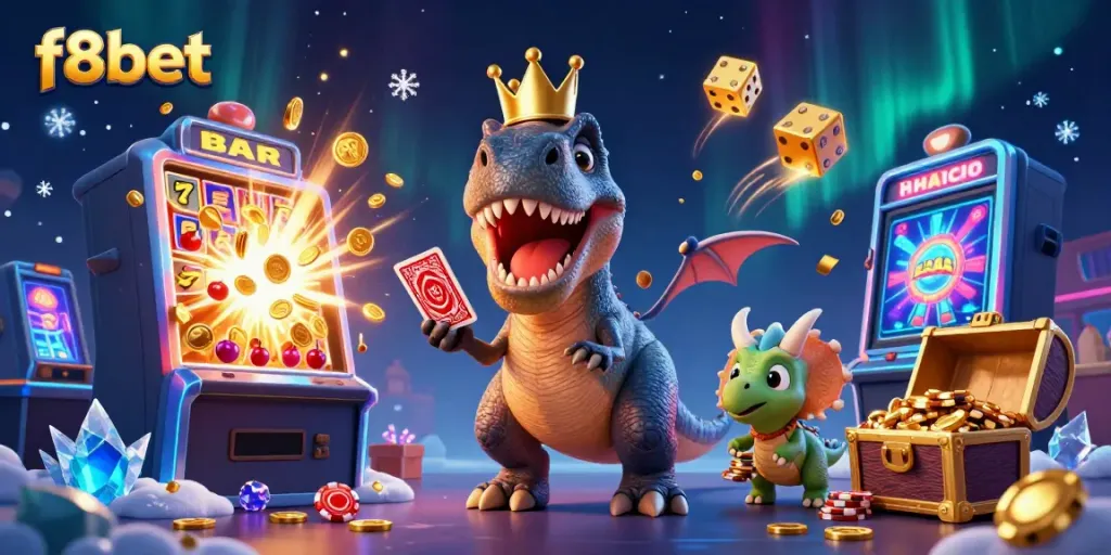 Experience the excitement at f8bet with a cartoon T-Rex shuffling cards, surrounded by casino treasures.