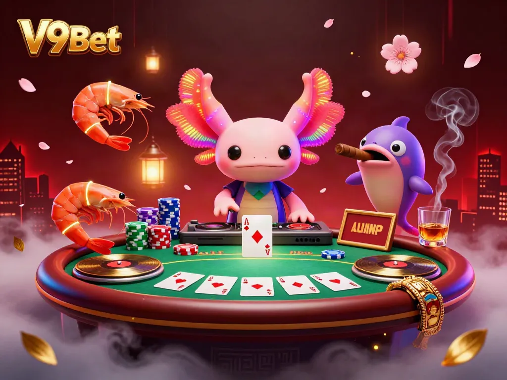 Experience excitement with V9Bet at a vibrant underwater casino event featuring an axolotl DJ.