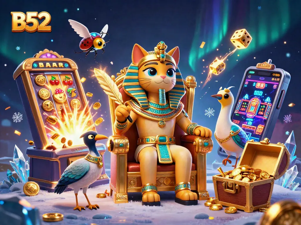 Experience the excitement of B52 gaming with vibrant jackpots, thrilling slot machines, and animated casino elements.