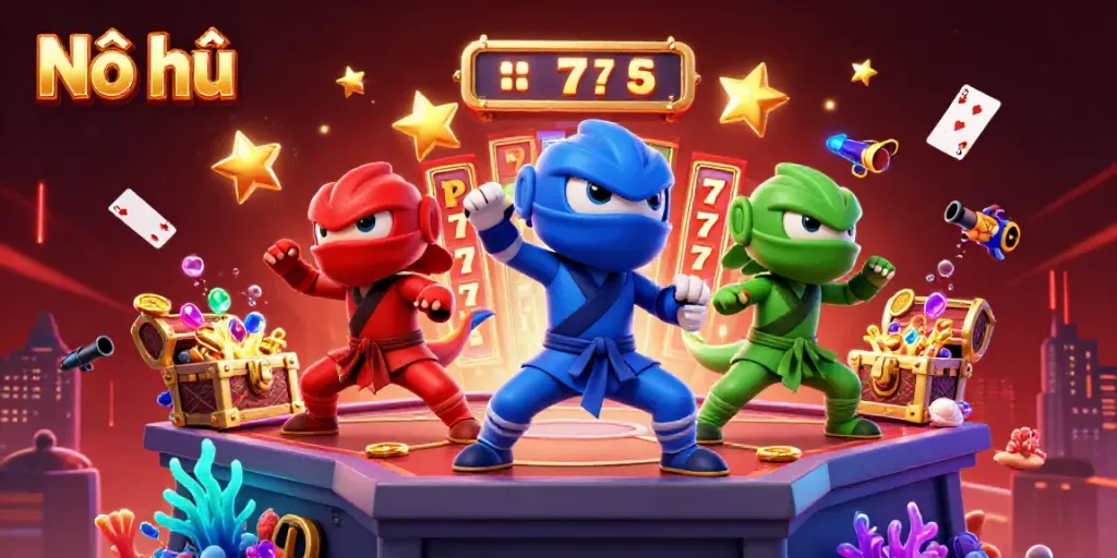 Experience the thrill of Nổ hũ with ninja chameleons in a lively casino setting, surrounded by coins and slot reels.