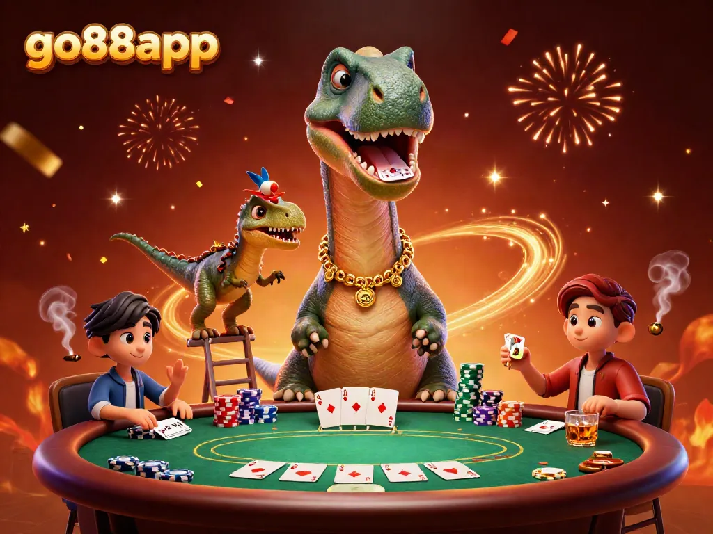 Join the exhilarating action at go88app with a playful dinosaur dealing cards at the vibrant poker table.