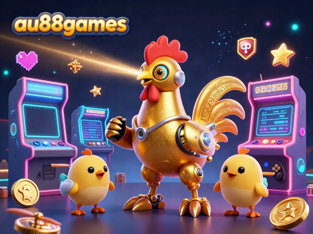 Experience the lively action of au88games with 3D retro-futuristic casino characters and arcade elements.
