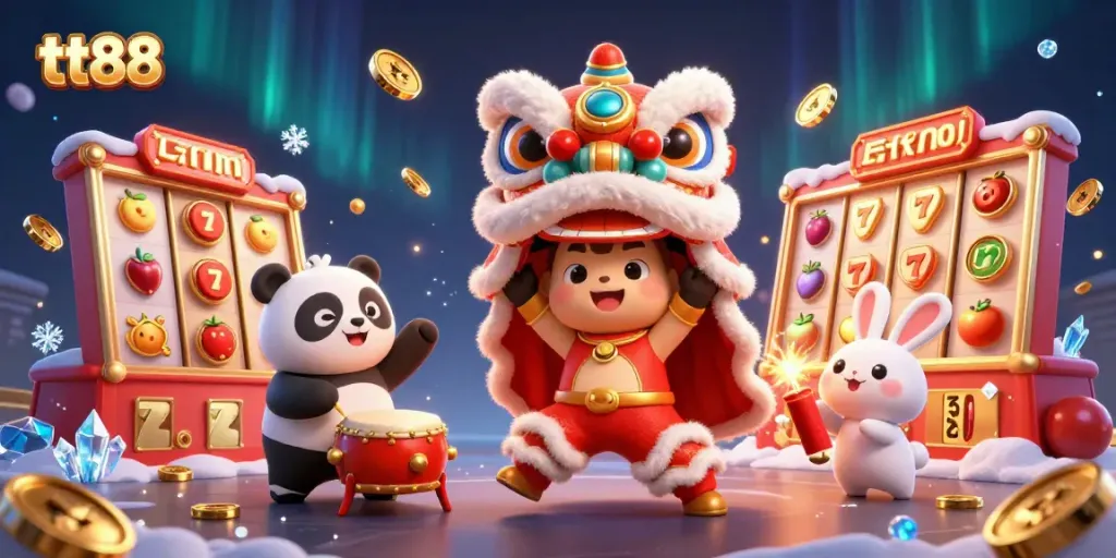 Experience the excitement of gameplay with tt88 themed casino elements floating around vibrant characters.