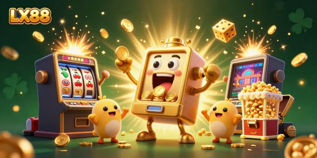 Experience the thrill of LX88 as slot machines celebrate a jackpot victory, with vibrant casino elements.