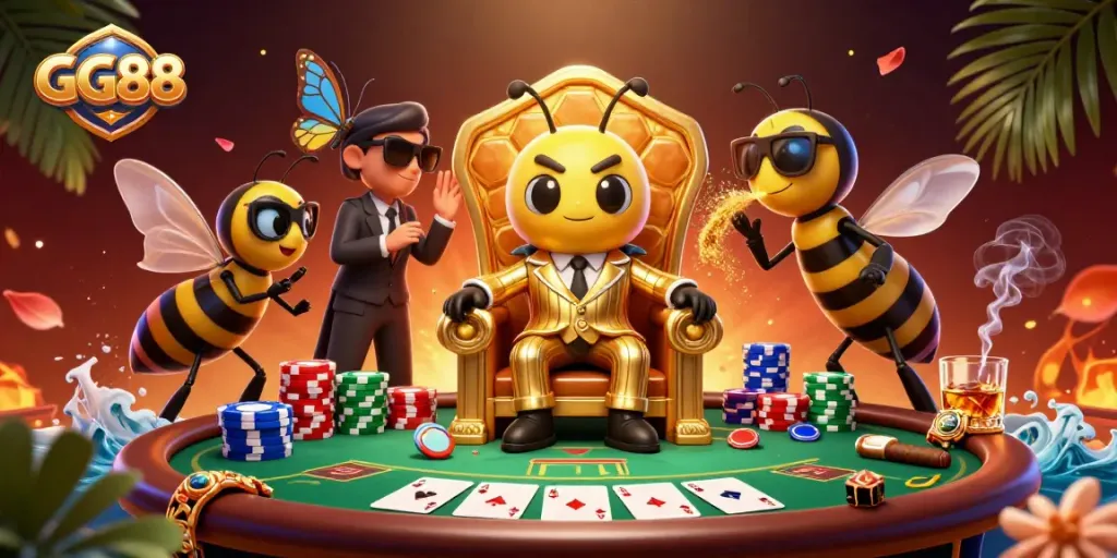 Experience GG88 with an exciting casino scene featuring a buzzing mob boss, poker elements, and vibrant energy.