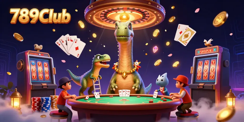 Experience the excitement of 789Club with a 3D cartoon brontosaurus towering over a lively casino scene.
