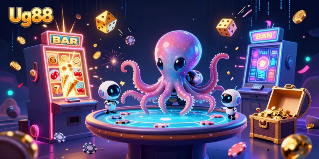 Engage with Ug88 using an exciting 3D alien-themed casino scene filled with vibrant gaming elements.