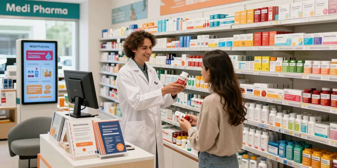 Kunde erkundet Gesundheitsprodukte im Medi Pharma Shop und zeigt eine lebendige Einzelhandelsatmosphäre.