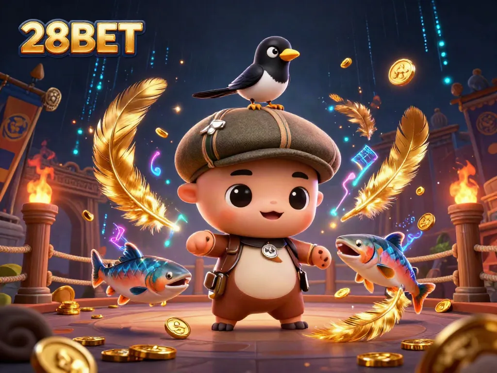 Engage with the dynamic world of gambling at 28BET with playful cartoon characters and vibrant casino elements.