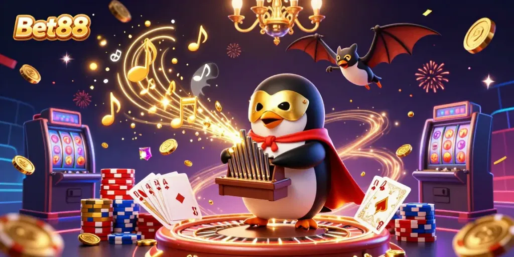 Bet88 penguin plays organ shooting coins, surrounded by casino elements and celebrations.