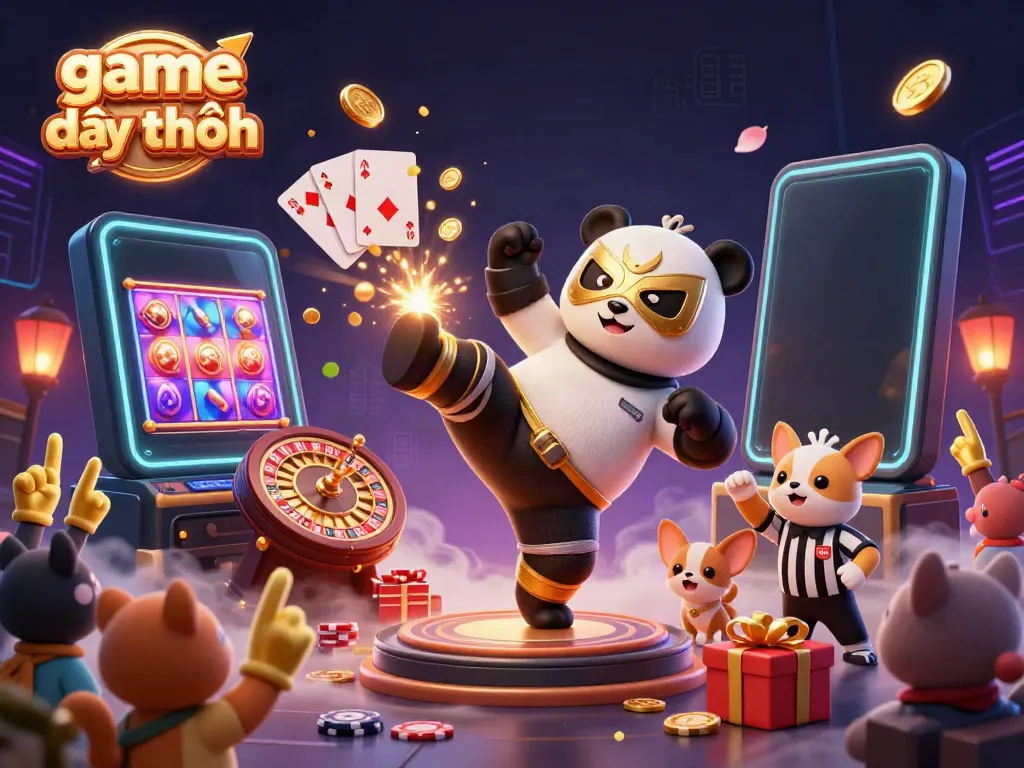 A dynamic scene illustrating the excitement of game đổi thưởng with a panda wrestler and animal spectators cheering amidst slots and poker elements.