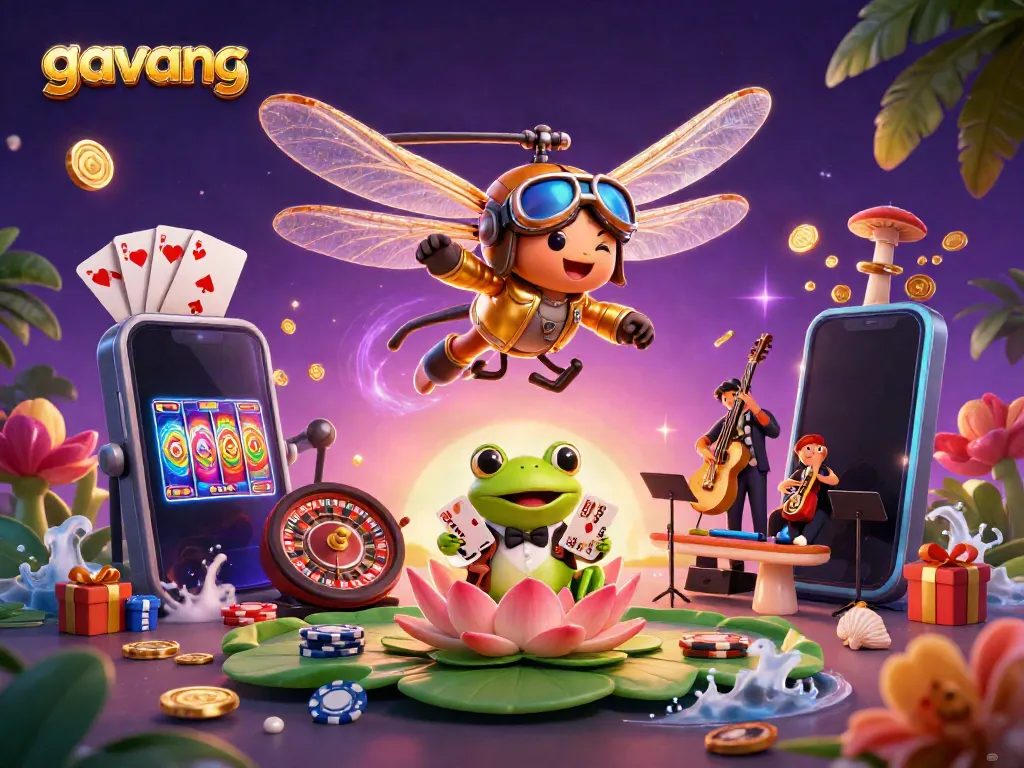 Engage with gavang's vibrant casino scene featuring a dragonfly pilot, a frog dealer, and jazz musicians.