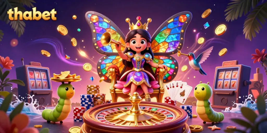 Experience thabet's vibrant casino atmosphere with a butterfly queen and lavish game elements.