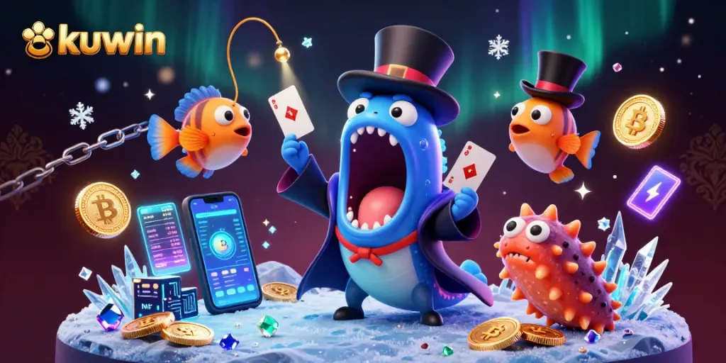 Play thrilling card tricks with kuwin's magical deep-sea creatures, showcasing vibrant casino elements.