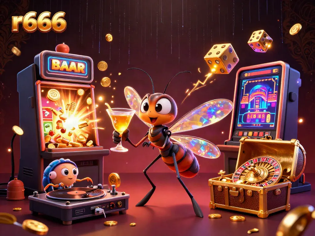 Engage with r666's thrilling casino environment featuring a unique mascot and vibrant game elements.