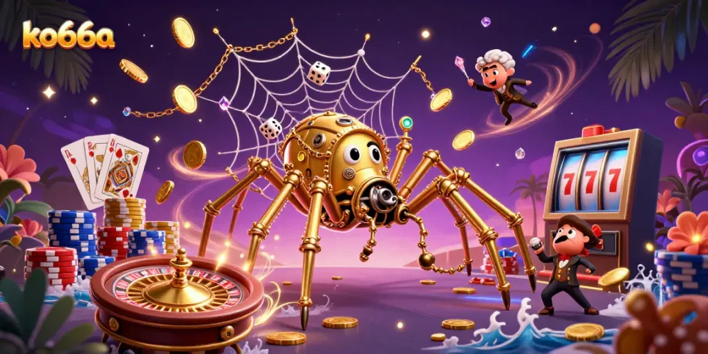 Engage with the exciting world of ko66a as a steampunk spider captures dice, surrounded by casino treasures.