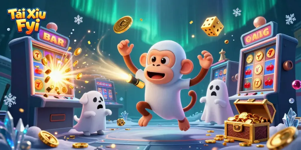 Engaging scene of Tài Xỉu Fyi with a ghostly monkey juggling coins in a haunted casino.