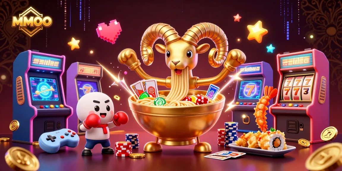 Engage with MMOO's vibrant casino scene featuring a golden ramen bowl dealer and lively game elements.