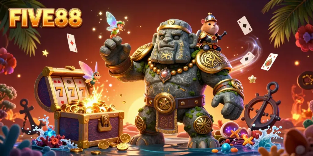 Experience the magic of FIVE88 with a playful scene featuring a stone golem, a fairy, and a hamster knight in an exciting casino environment.