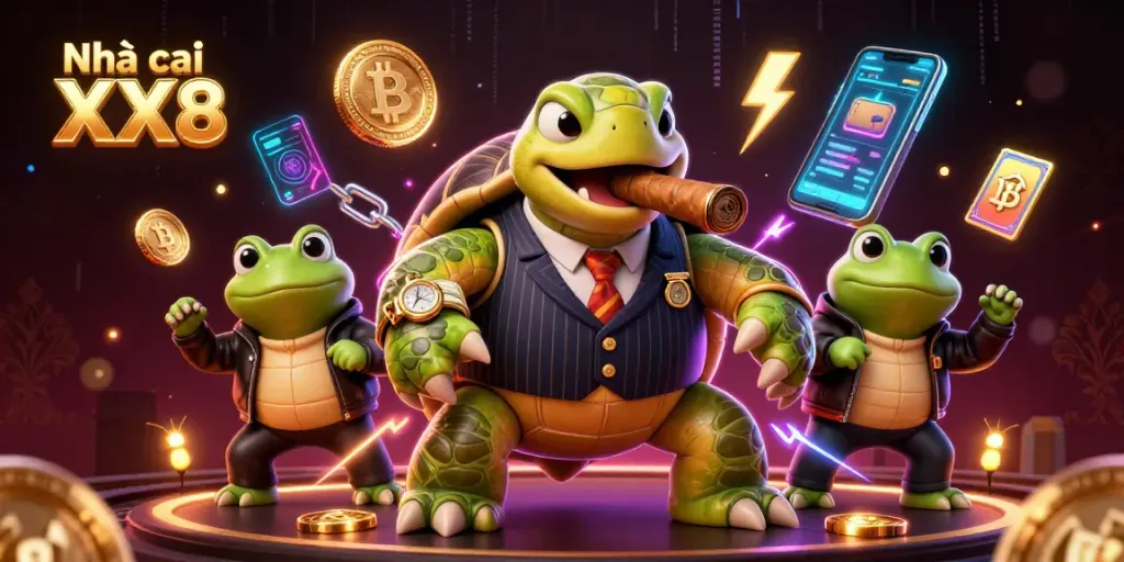 Experience the excitement of Nhà cái XX8 with a vivid scene featuring a snapping turtle mobster and bullfrog enforcers.