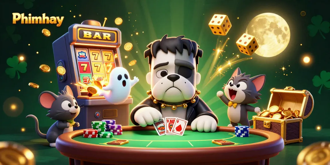 Phimhay showcases a vibrant poker scene with a Frankenstein bulldog dealing cards amidst a jackpot explosion.