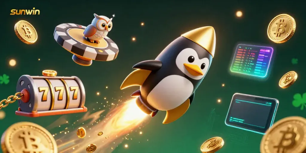 Sunwin illustrates an engaging casino scene with a golden penguin amidst vibrant gambling symbols.