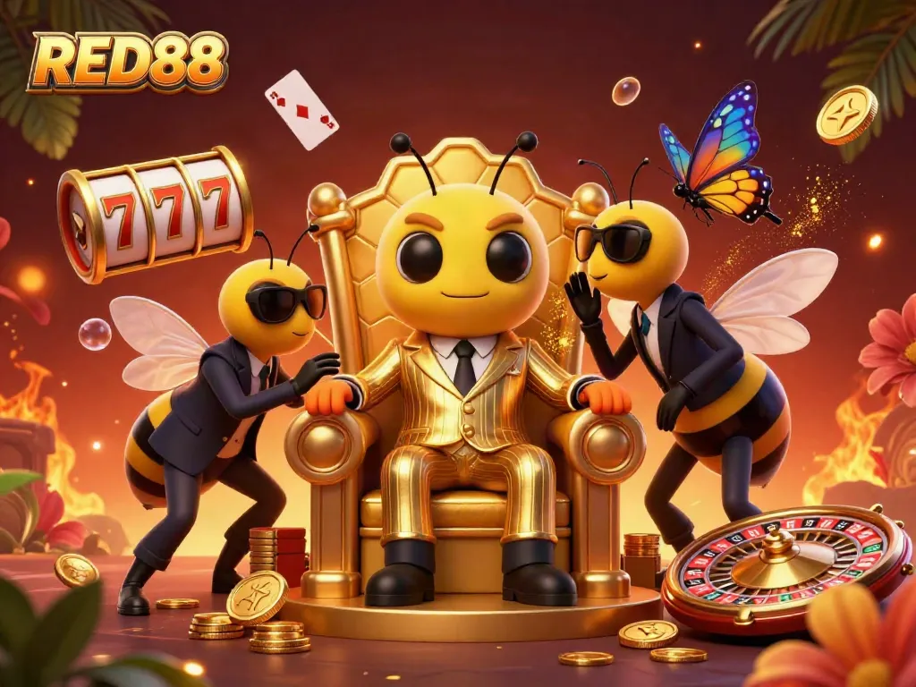 Experience the vibrant gaming world of RED88 featuring a dynamic bee mob boss and casino elements.