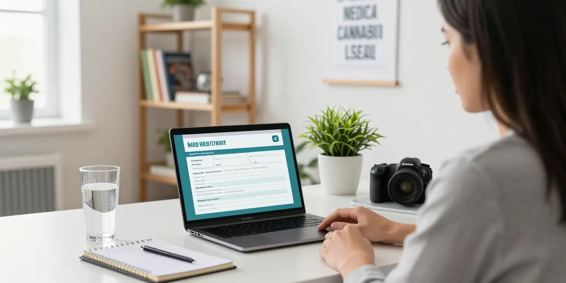 Medizinisches Cannabis Online bestellen während einer telemedizinischen Konsultation am Schreibtisch mit Laptop und Notizen.