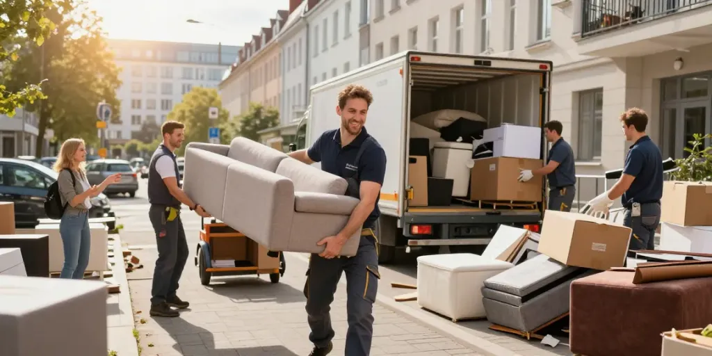 Professionelle Sperrmüll Entrümpelung Berlin mit Team beim Möbeltransport