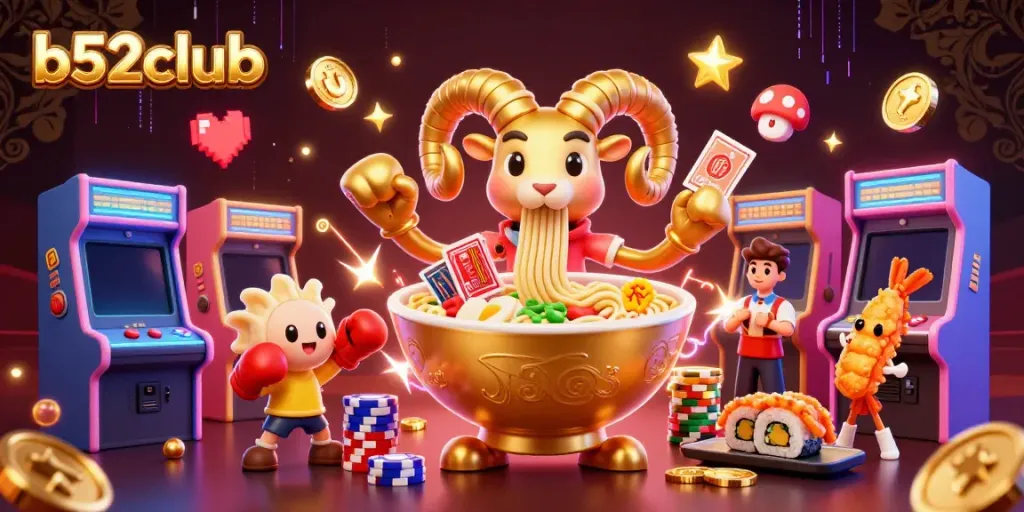 Battle for wins at b52club with a vibrant casino-themed illustration featuring playful characters.