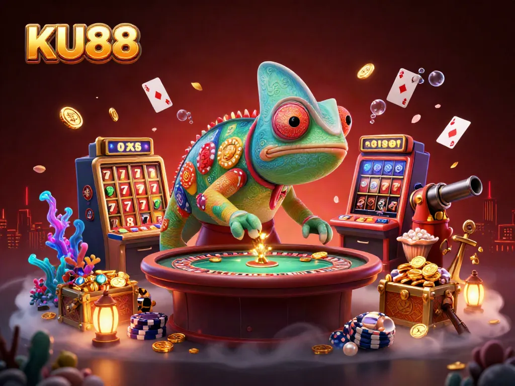 Engaging scene depicts the vibrant KU88 casino world with a colorful chameleon owner, slot reels, and a treasure chest overflowing with coins.