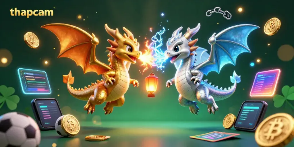 Bet on sports with thapcam: dynamic dragons, stakes, and vibrant crypto elements.
