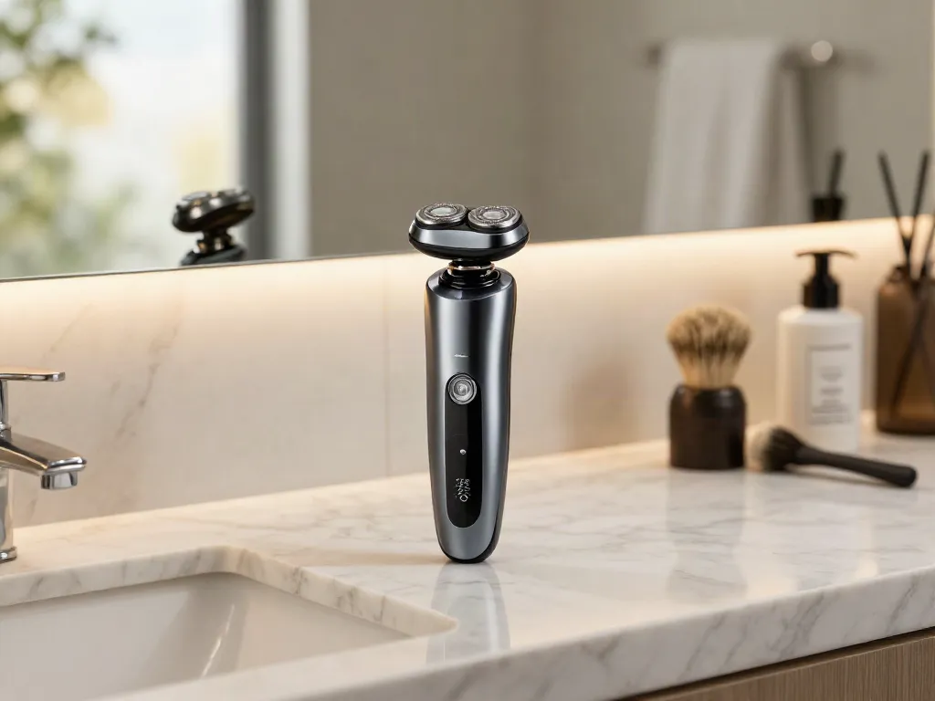 Eleganter Elektrorasierer auf einem Marmortisch im Badezimmer, umgeben von Pflegeprodukten.