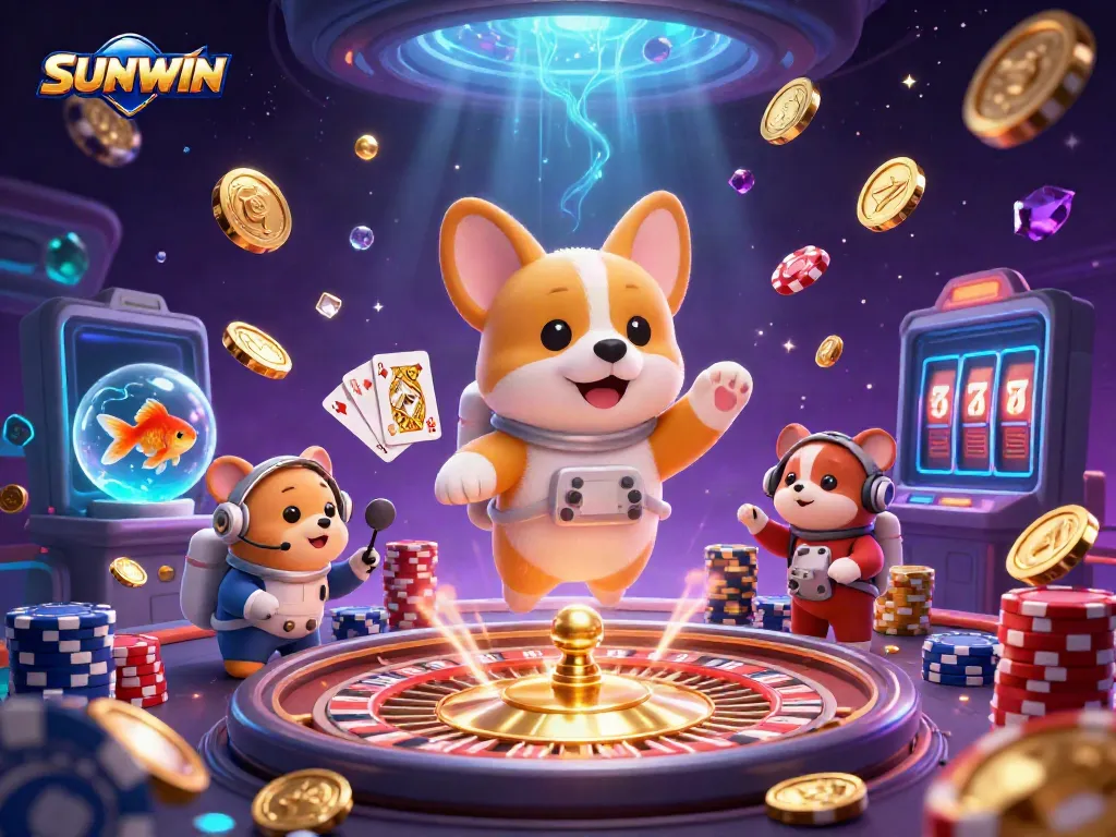 Engage with SUNWIN's thrilling casino atmosphere as characters navigate a vibrant space station casino filled with golden coins and vibrant games.