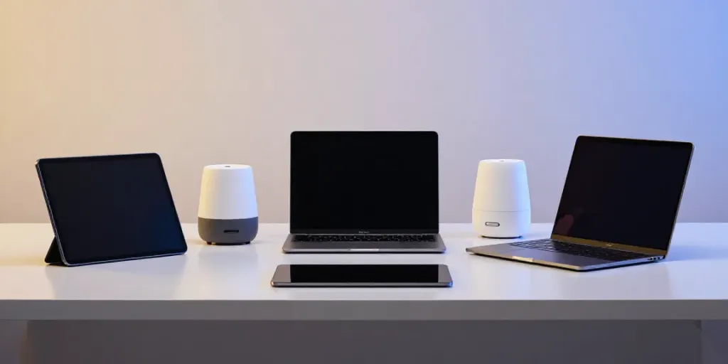 Gadgets für moderne Softwareentwicklung und cloudbasierte Lösungen in einem eleganten Büro.