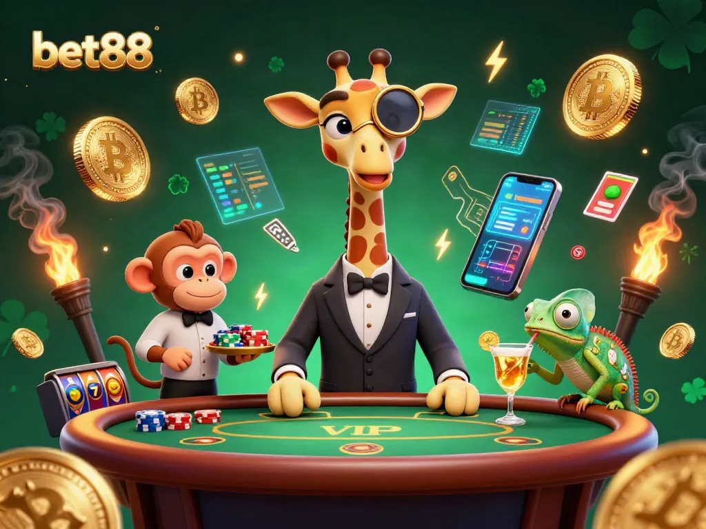 Experience excitement at bet88 with a giraffe in a suit at a casino table surrounded by crypto elements.