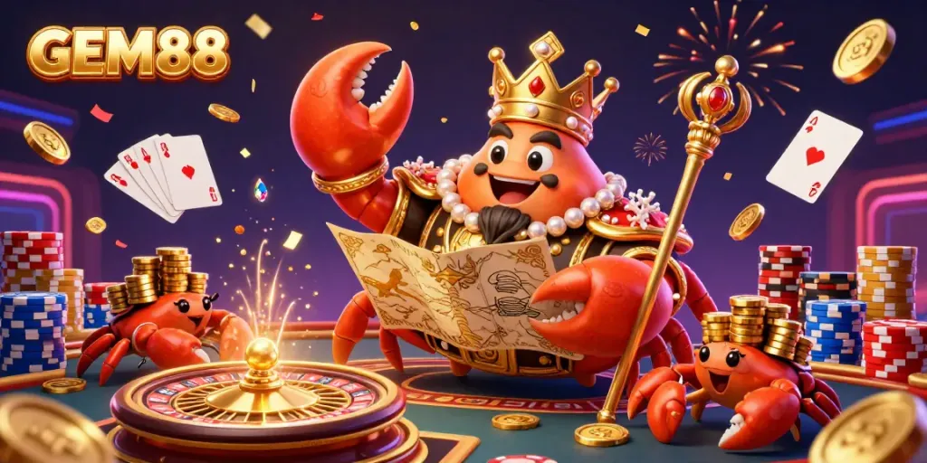 Experience GEM88's thrilling casino adventure with a golden crab emperor, vibrant game elements, and dynamic celebration.