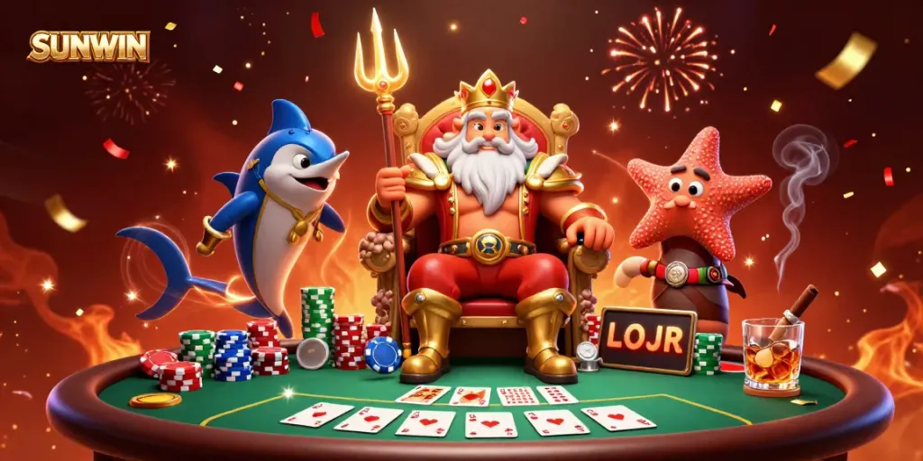 Experience the electrifying ambiance of SUNWIN's casino with Neptune and friends in action around a vibrant poker scene.