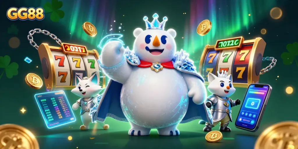 Experience thrill and luck in GG88's vibrant slots scene with dynamic cartoon characters and crypto elements.