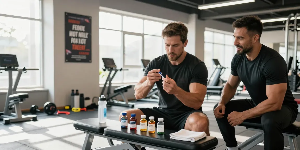 Mann, der Injektionstechniken im Anabolika Shop in einer hellen Fitnessumgebung mit Fläschchen und Fitnessausrüstung demonstriert.