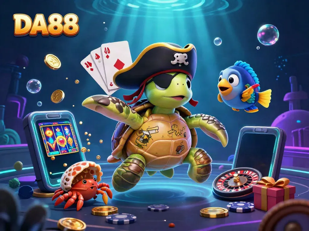 Experience excitement with DA88: a vibrant underwater casino scene featuring unique characters and gaming elements.