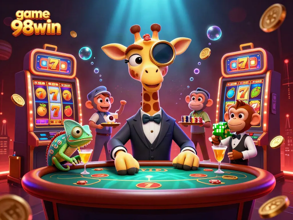Experience the thrill of game 98win with a high-roller giraffe and exciting slot machine action.