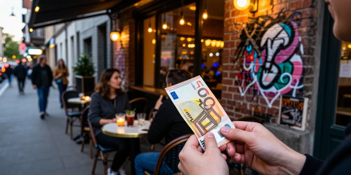 50-Euro-Fälschungen in einer städtischen Cafészene, die das Nachtleben und die kreative Nutzung von Geld zeigen.