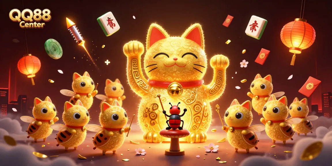 Engage with the QQ88 Center through vivid visuals of a lucky cat surrounded by rich casino symbols.