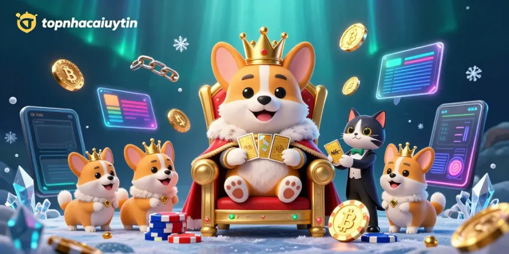 Bet on topnhacaiuytin with the royal corgi and golden cards in a vibrant casino scene.