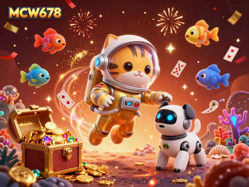Experience the excitement at MCW678 with this vibrant 3D casino illustration featuring a space astronaut cat.